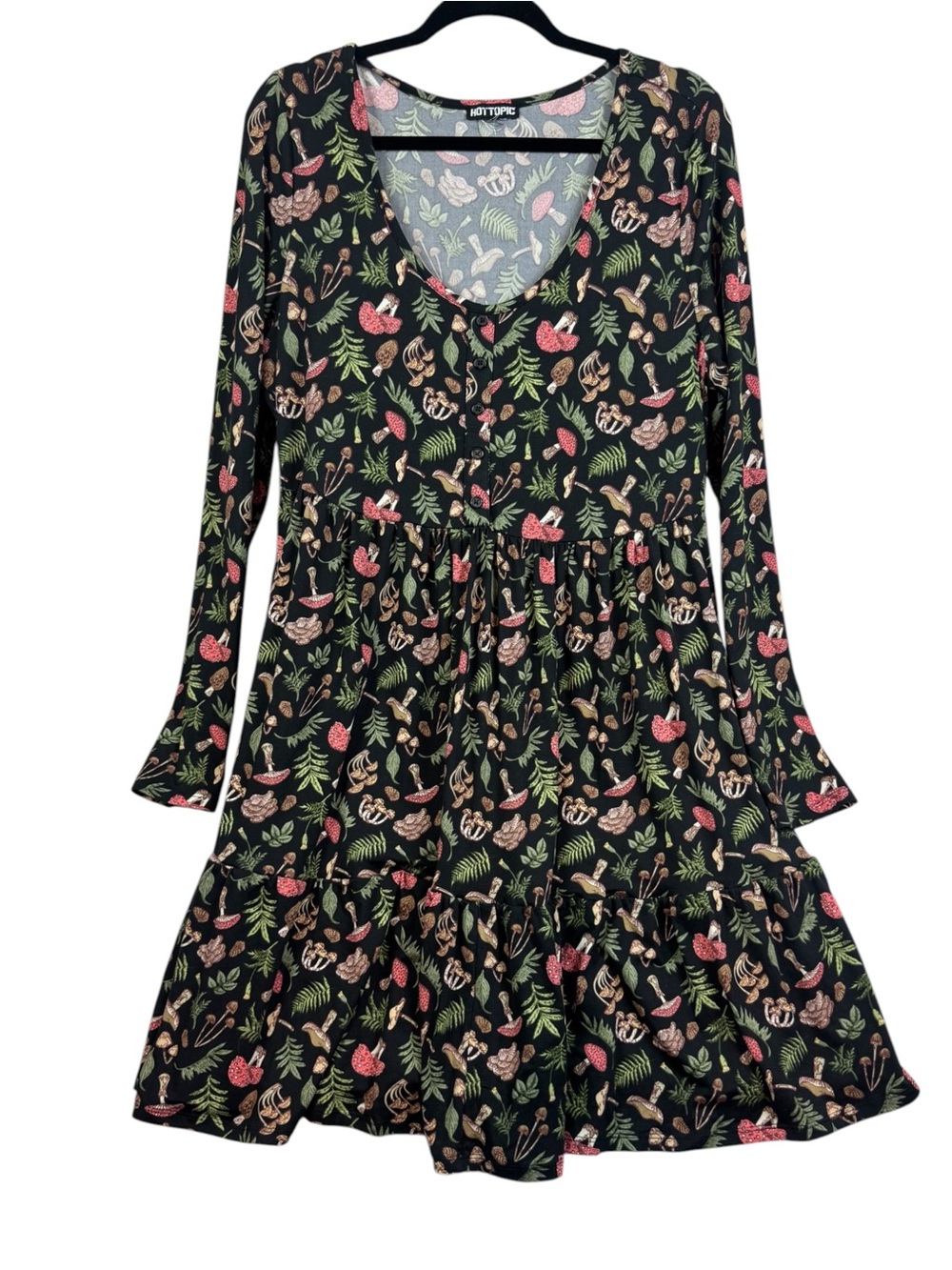 Hot Topic Whimsygoth Black Woodland Mushroom Tiered Long-Sleeve Dress 1X